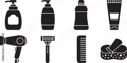 Black Solid Bathroom Toiletries Silhouettes Set of Six on White Background