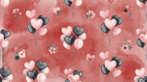 A romantic background full of heart-shaped balloons and floral decorations. The hearts are in shades of pink, grey, and black, against a backdrop of a reddish color
