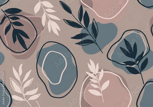 Seamless Abstract Botanical Pattern with Organic Shapes and Hand-Drawn Floral Elements in Muted Earthy Tones