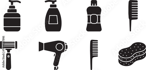 Black Solid Bathroom Toiletries Silhouettes Set of Six on White Background