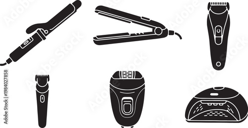 Black Solid Beauty Tech Silhouettes Set of Six on White Background