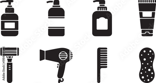 Black Solid Bathroom Toiletries Silhouettes Set of Six on White Background