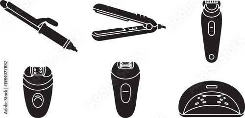Black Solid Beauty Tech Silhouettes Set of Six on White Background