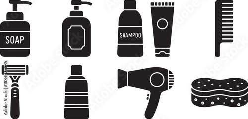 Black Solid Bathroom Toiletries Silhouettes Set of Six on White Background