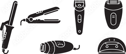 Black Solid Beauty Tech Silhouettes Set of Six on White Background