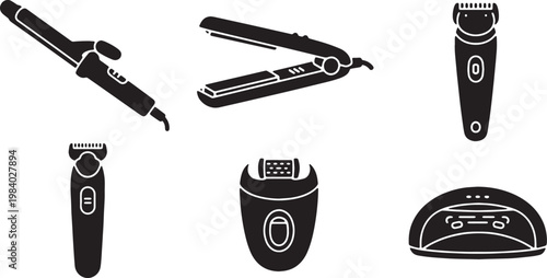 Black Solid Beauty Tech Silhouettes Set of Six on White Background