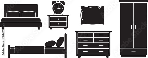 Black Solid Bedroom Furniture Silhouettes Set of Six on White Background