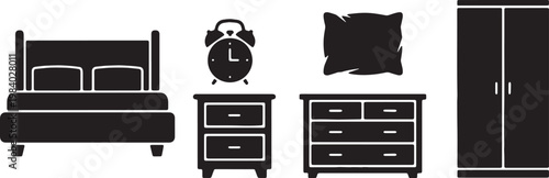 Black Solid Bedroom Furniture Silhouettes Set of Six on White Background