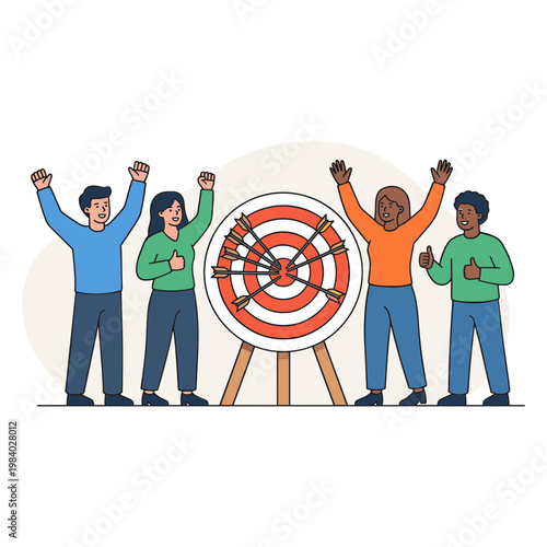 Four people celebrate achieving a target goal with raised arms