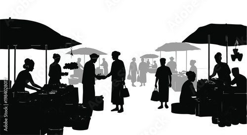 Silhouettes of people interacting at an outdoor market, with vendors and shoppers visible under awnings.