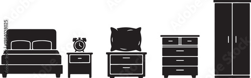 Black Solid Bedroom Furniture Silhouettes Set of Six on White Background
