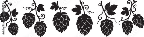 Black Solid Beer Hops Vine Silhouettes Set of Six