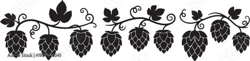 Black Solid Beer Hops Vine Silhouettes Set of Six
