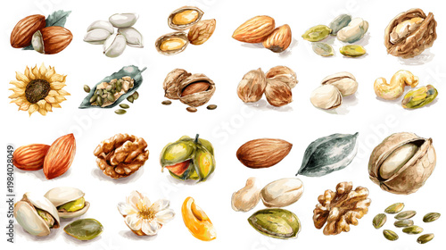 Watercolor nuts collection with almonds, walnuts, pistachios, hazelnuts and seeds, perfect for healthy food packaging, grocery labels, recipes and organic product design.
