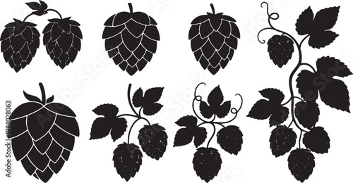 Black Solid Beer Hops Vine Silhouettes Set of Six
