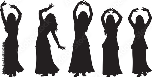 Black Solid Belly Dance Silhouettes Set of Six on White Background