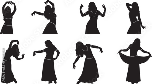 Black Solid Belly Dance Silhouettes Set of Six on White Background