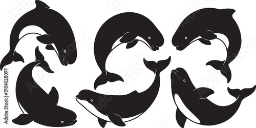 Black Solid Beluga Whale Play Silhouettes Set of Six on White Background