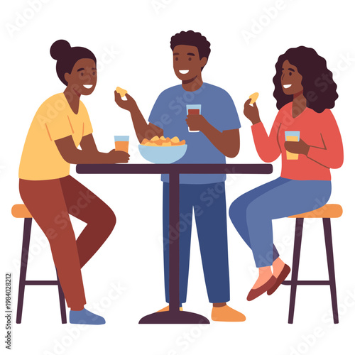 Three friends eating snacks and laughing together at a table