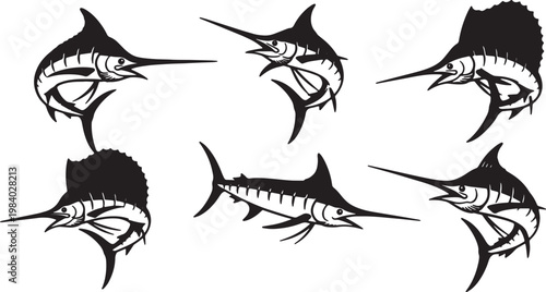 Black Solid Swordfish and Marlin Silhouettes Set of Six on White Background