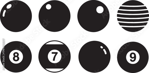 Black Solid Billiard Ball Types Silhouettes Set of Six on White Background