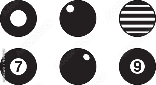 Black Solid Billiard Ball Types Silhouettes Set of Six on White Background