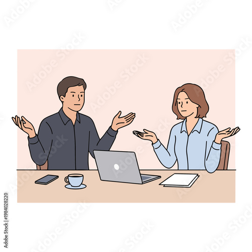 Two coworkers discuss issues at a desk with laptop and coffee