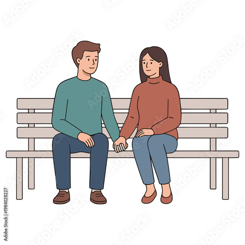A man and woman sit on a bench holding hands looking relaxed