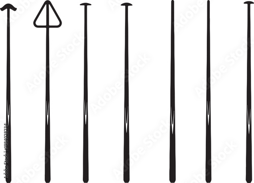 Black Solid Billiard Cue Types Silhouettes Set of Six on White Background