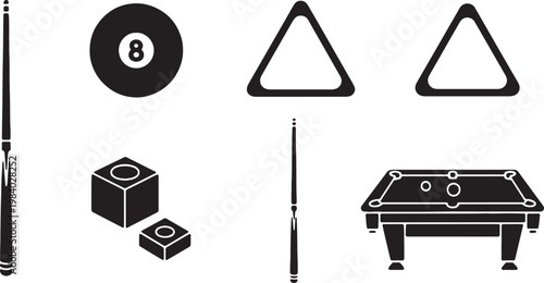 Black Solid Billiards Items Silhouettes Set of Six on White Background