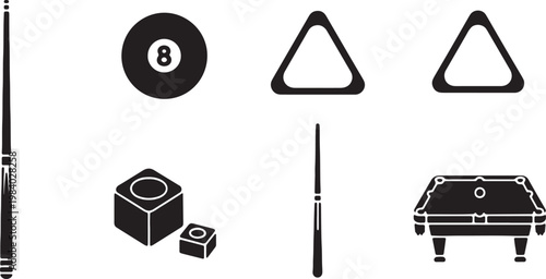 Black Solid Billiards Items Silhouettes Set of Six on White Background
