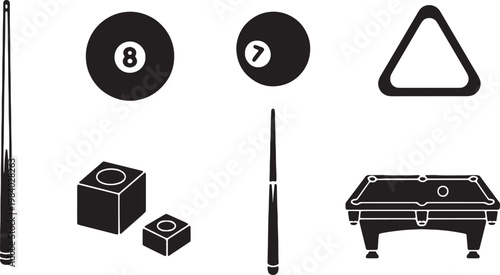 Black Solid Billiards Items Silhouettes Set of Six on White Background