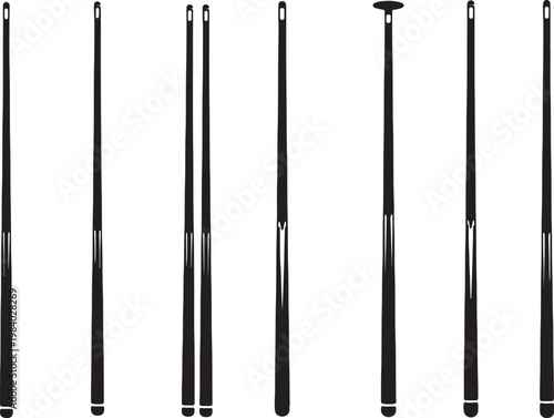 Black Solid Billiard Cue Types Silhouettes Set of Six on White Background