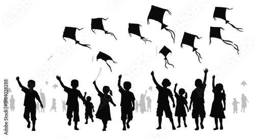 Joyful children flying kites against a bright sky, celebrating a carefree day outdoors