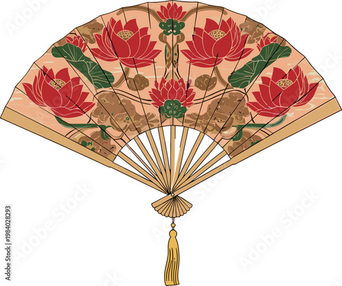 A detailed flat vector illustration of an ornate folding hand fan with red floral patterns and tassel handle isolated on a clean background