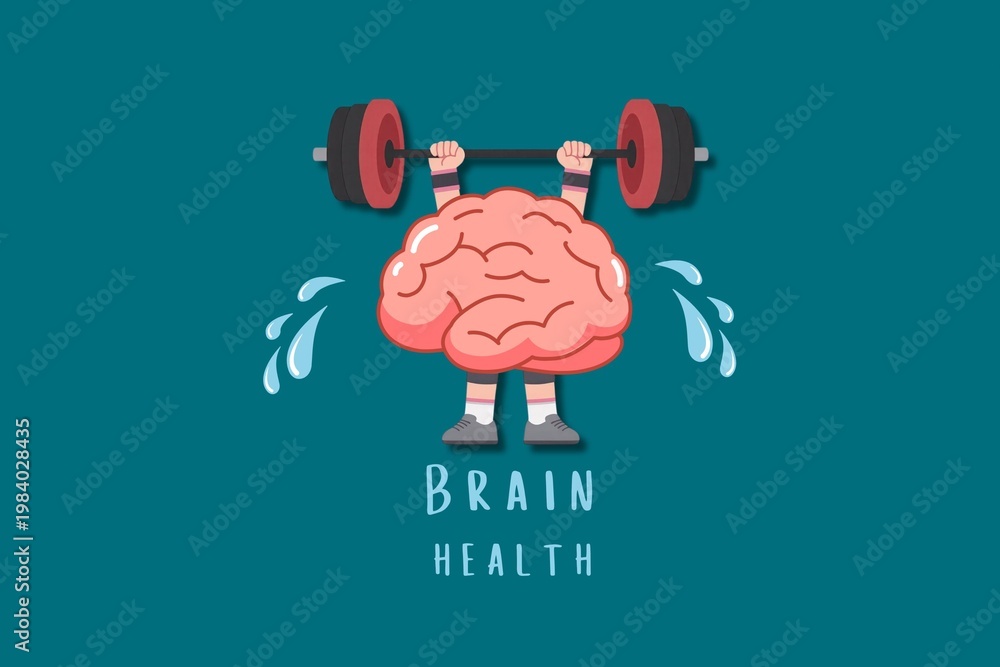Ταπετσαρία A vibrant, flat-style vector illustration featuring a pink human brain character lifting a heavy barbell over its head