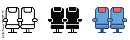 

Three variations of a cinema or airplane seat icon in different colors, seating symbol collection, modern flat design, transportation and entertainment concept, colorful  icons for booking systems