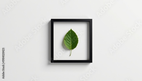 Minimalist black square frame showcasing a single fresh green leaf on white background, emphasizing natural beauty, texture, and simplicity for modern botanical wall art.