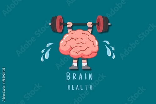 Foto A vibrant, flat-style vector illustration featuring a pink human brain character lifting a heavy barbell over its head