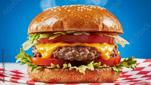 Juicy Cheeseburger With Melted Cheese, Lettuce, and Tomato on a Sesame Seed Bun, Studio Shot