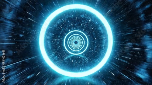 Futuristic glowing rings moving through dynamic cyberspace with light trails 4k video
