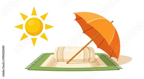 A sunny beach scene with an open umbrella and a towel on the sand.
