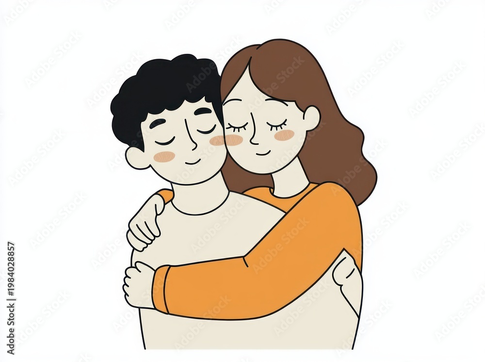 Obraz premium Two people in a warm embrace, eyes closed and smiling in contentment; one with curly dark hair and the other with long brown hair wearing an orange sweater, peaceful and affectionate