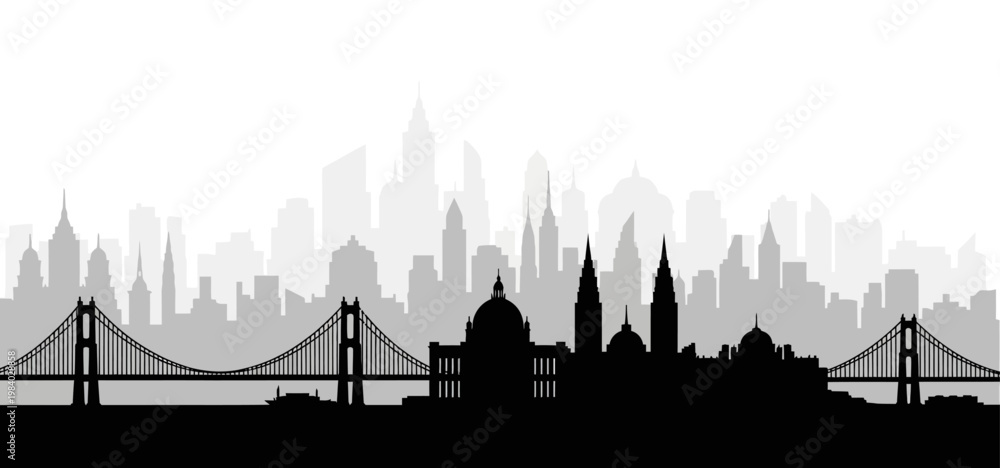 Obraz premium Monochrome layered city skyline silhouette with bridge and historical buildings for urban atmosphere and design