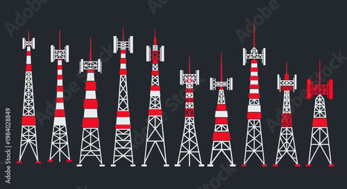 Telecommunication radio tower icons set in red and white colors for mobile network and global connection concept