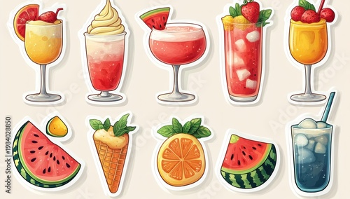 bright summer fruit drinks and desserts: watermelon and orange slices, colorful cocktails, ice cream cone, soft serve and fizzy soda stickers, cheerful refreshing mood