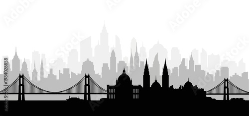 Monochrome layered city skyline silhouette with bridge and historical buildings for urban atmosphere and design