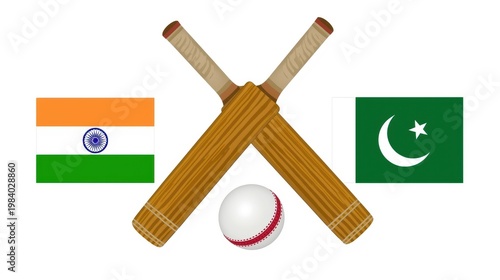 Cricket rivalry between india and pakistan depicted with national flags and bats