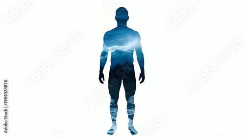 Silhouette of human figure with ocean landscape inside against white background