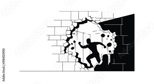 Silhouette of a person breaking through a brick wall into darkness, symbolizing overcoming obstacles and new beginnings.